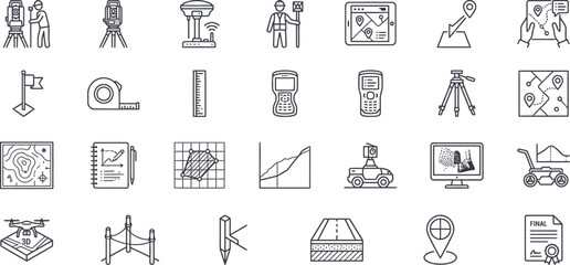 Land surveying line icon set, geodetic engineering, topography map and measurement outline icons © Nahida