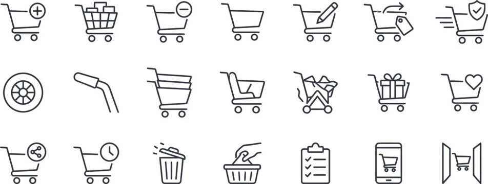Shopping cart line icon set, e-commerce retail, online store basket outline icons