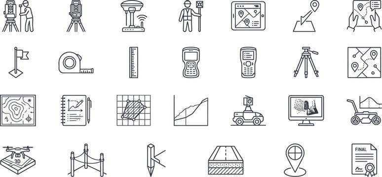 Land surveying line icon set, geodetic engineering, topography map and measurement outline icons