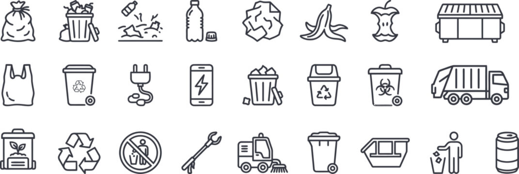 Waste management line icon set, garbage, recycling, and trash disposal outline icons