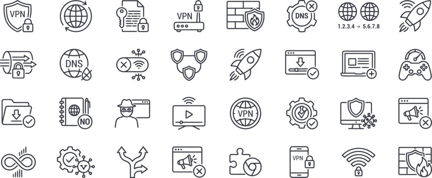 VPN and cyber security line icon set, virtual private network, data privacy and internet encryption outline icons