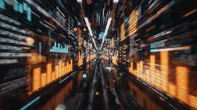 Abstract motion blur of financial stock market charts and data index graphics glowing in dark digital tunnel, concept for algorithmic trading, big data analytics and global financial market investment