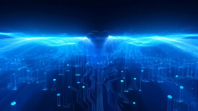Digital datum stream matrix effect abstract circuit pattern blue glow futuristic technology background blue wave technology background blue light abstract network cityscape data flow