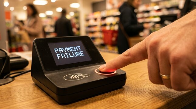 A close up of a hand pressing a button on a retail card terminal displaying a payment failure message on its screen while standing at a checkout counter in a busy grocery store environment