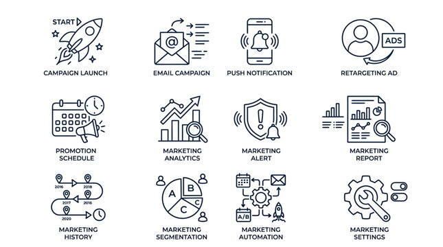 Set of digital marketing strategy icons in hand drawn sketch style.