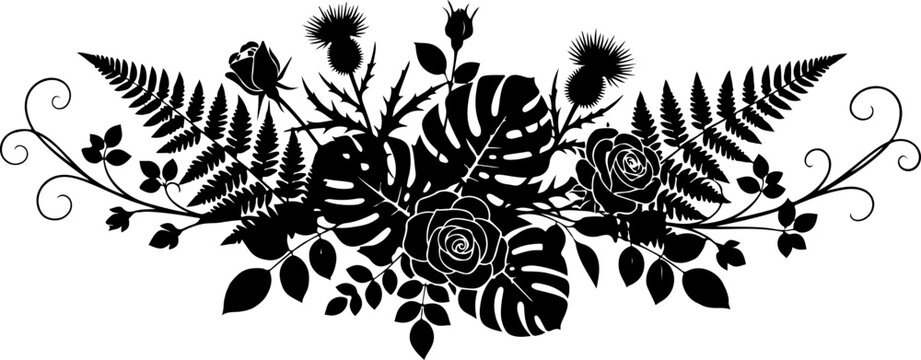 Black floral border, victorian botanical frame, leafy foliage illustration, decorative floral arrangement