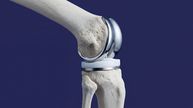 A realistic medical rendering showing a close up view of a human knee joint after a successful total knee replacement surgery featuring metal prosthetic implants and human bone anatomy
