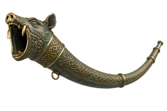 Celtic Carnyx War Horn &mdash; Ancient Iron Age Animal-Headed Trumpet 3D Clay Render Illustration