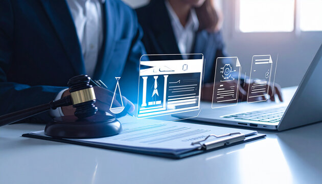 Professional legal team using digital technology for case management.