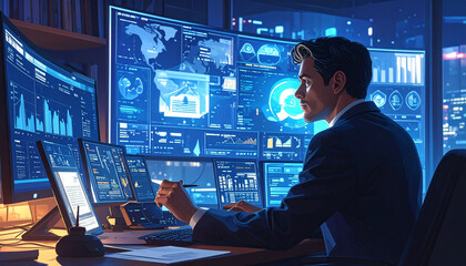 Fototapeta premium Professional data analyst working in a futuristic digital operations center.
