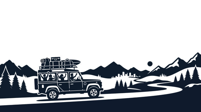 Black and white illustration of a rugged SUV vehicle traveling with roof luggage rack.