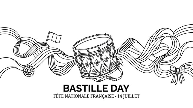 Black and white line art illustration of a military drum with flowing ribbons for Bastille Day.