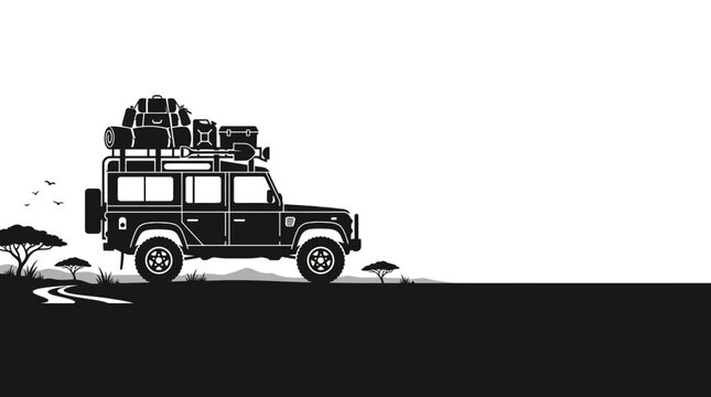 Black and white silhouette of a 4x4 offroad vehicle for safari adventure.