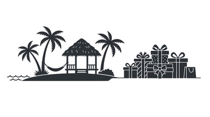 Black silhouette illustration of a tropical island beach hut with gifts. © sumi yati