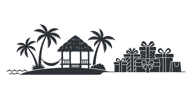 Black silhouette illustration of a tropical island beach hut with gifts.