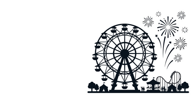 Black silhouette of a ferris wheel with fireworks and amusement park rides.