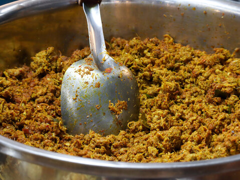 Southern Thai Dry Curry Minced Pork or Khua Kling in a Large Metal Pot