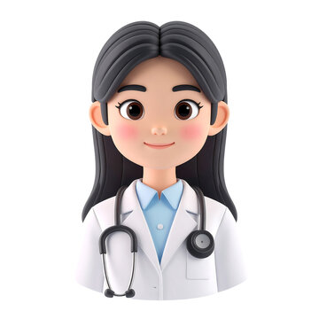 3D plastic cartoon style doctor avatar icon, rounded face with white coat 