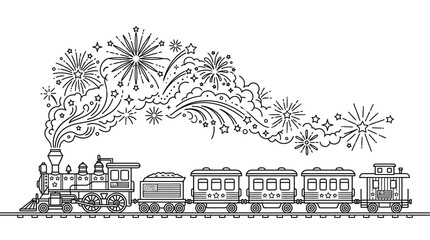 Coloring page featuring a vintage steam train with festive fireworks smoke. © sumi yati