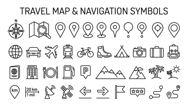 Collection of hand drawn travel map and navigation icons.