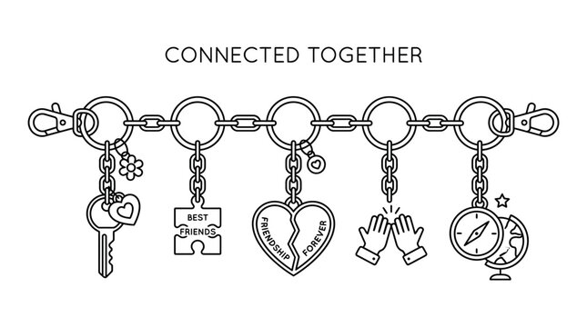 Connected together keychain set with various friendship symbols and charms.