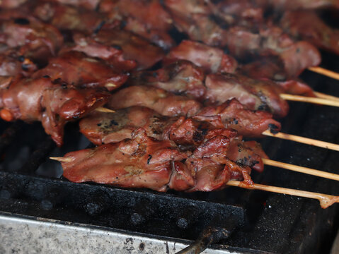 Grilled Chicken Liver Skewers Cooking on Street Food BBQ Grill