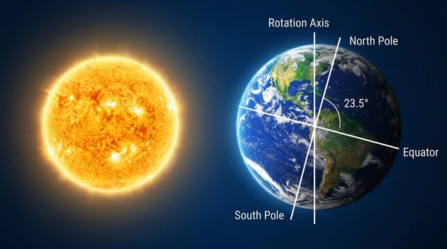 Earth axial tilt diagram with the sun in space