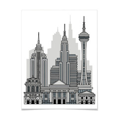 Fototapeta premium Modern City Skyline with Tall Buildings and Towers Illustration.