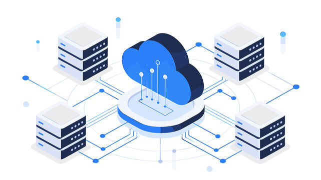Abstract illustration of a cloud computing network connecting multiple servers and data storage units, representing digital infrastructure and data flow.