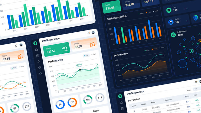 A collection of modern digital dashboards displaying various financial charts and performance metrics.