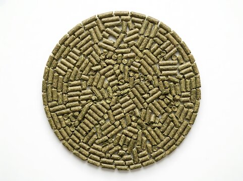 A circular arrangement of premium alfalfa pellet animal feed isolated on a white background showing high quality agricultural fodder texture top view