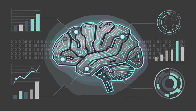 Futuristic digital brain illustration with data visualizations and binary code, representing artificial intelligence and advanced technology.