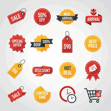 Collection of various colorful sale and discount tags and labels for marketing promotions.