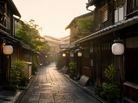 Peaceful Narrow Stone Alley in Kyoto Early Morning with Traditional Wooden Machiya Houses and Lanterns