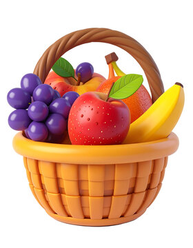 3D plastic cartoon style fruit basket icon filled apples, bananas, grapes, and orange  on transparent background and white background 