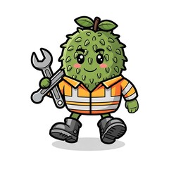 Fototapeta premium Cartoon-style illustration featuring a spiky green fruit character in work clothes holding a wrench, standing