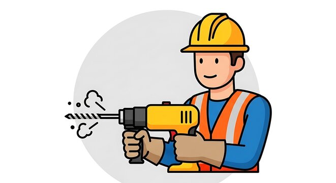 Cartoon illustration of a construction worker holding a drill, preparing to work. The background is a large grey circle