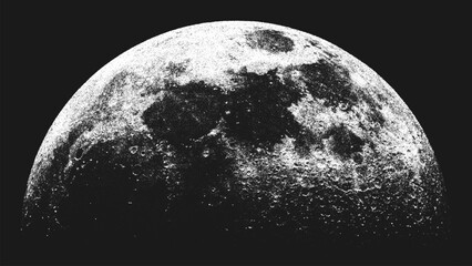 Realistic Moon in stippling style with detailed lunar surface. Astronomy inspired minimal space art print with high contrast for modern interior, wall decor with cosmic aesthetic. Vector illustration © 3d_kot