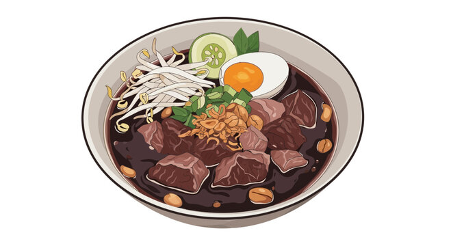 Delicious rawon beef soup served in a bowl featuring traditional Indonesian spices and fresh garnishes
