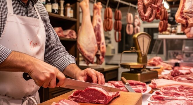 Experienced butcher meticulously slicing fresh red meat with a sharp knife on a wooden board in a traditional market, highlighting craftsmanship and quality produce