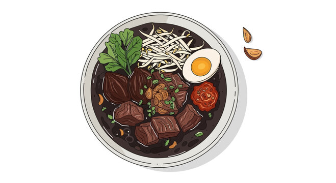 Delicious bowl of rawon soup containing tender beef chunks with bean sprouts and boiled egg halves