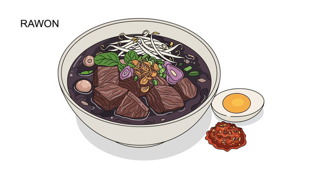 Traditional indonesian beef soup rawon served in a ceramic bowl with boiled egg and sambal