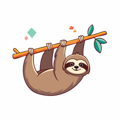 Fototapeta premium Cute cartoon sloth hanging from a tree branch