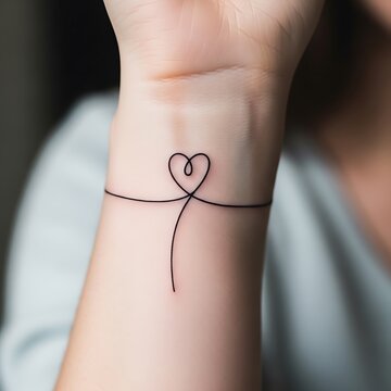 Close-up of a wrist with a delicate, minimalist tattoo of a heart intertwined with a horizontal line. Simple design symbolizing love and connection