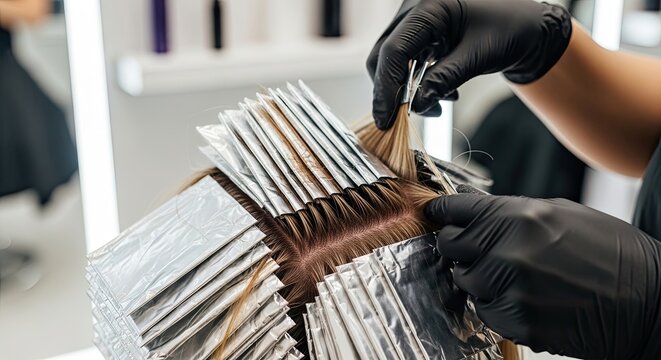 Hairdresser applying hair dye with foil highlights in salon.