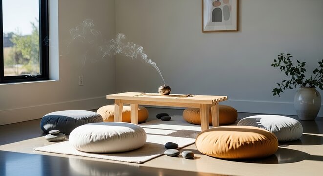 Serene Meditation Room with Zabuton Cushions and Low Table.