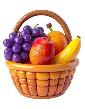 3D plastic cartoon style fruit basket icon filled with glossy apples, bananas, grapes on transparent background and white background 