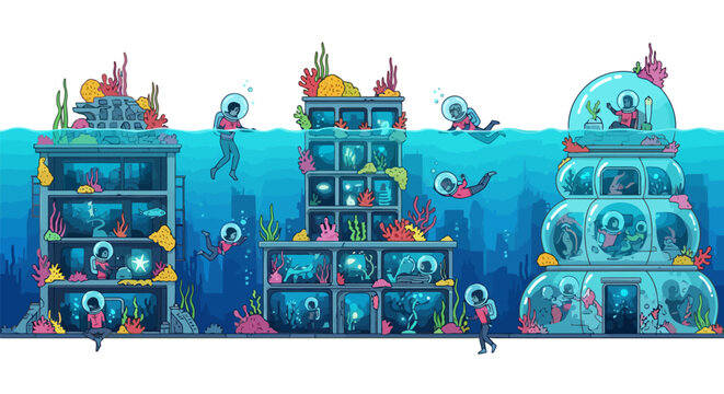 Underwater city with divers and marine life.