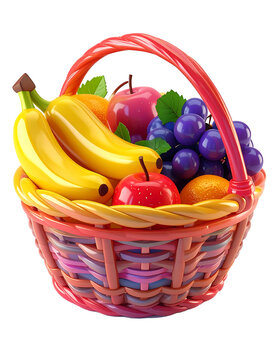 3D plastic cartoon style fruit basket icon filled with glossy apples, bananas, grapes on transparent background and white background 