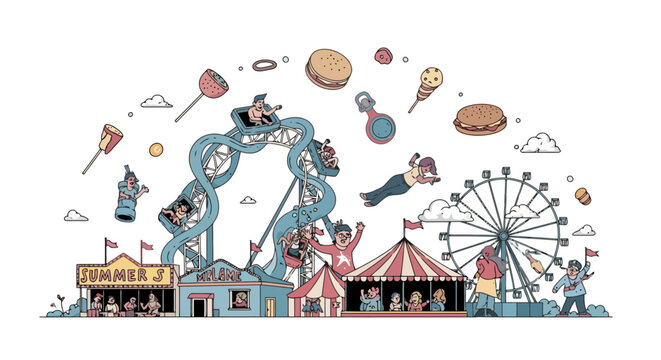 Whimsical carnival scene with DNA roller coaster and various attractions.